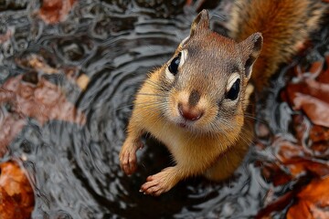 Poster - Chipmunk explores shallow water in a forest setting during autumn