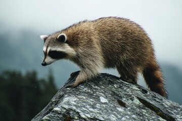 Aufkleber - Raccoon exploring a rocky terrain in a misty forest during early morning hours