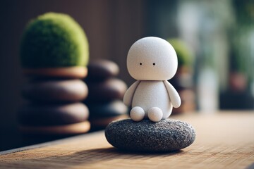 Poster - Cute character sitting on a stone surrounded by decorative elements in a tranquil indoor setting