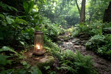 Poster - Lanterns illuminate a tranquil forest path during twilight amidst lush greenery and gentle sounds of nature