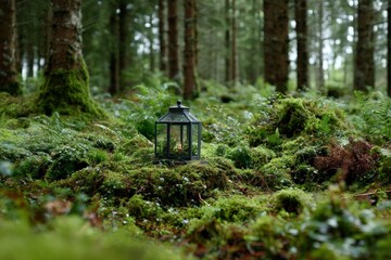 Aufkleber - Lantern resting on lush moss in a serene forest setting surrounded by tall trees