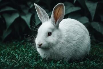 Aufkleber - White rabbit resting on green grass in a lush garden during the day