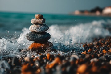 Aufkleber - Stack of smooth stones balanced on the beach shore near gentle waves on a sunny day
