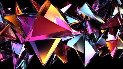 Poster - Iridescent, multifaceted triangular shapes in vibrant hues, clustered together against a dark background