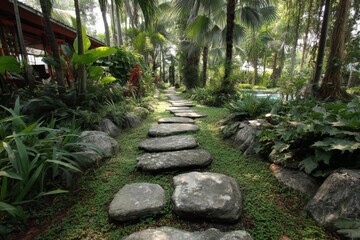 Poster - Serene garden path lined with stone steps amidst lush tropical greenery in a peaceful retreat setting
