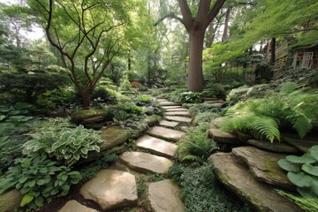 Poster - Serene garden pathway surrounded by lush greenery and peaceful nature