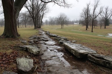 Poster - Pathway lined with stones through a quiet golf course on a rainy day in early spring