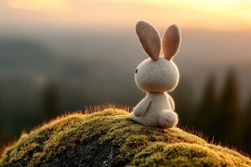 Aufkleber - Small knitted bunny sits on mossy rock overlooking sunset in a serene landscape