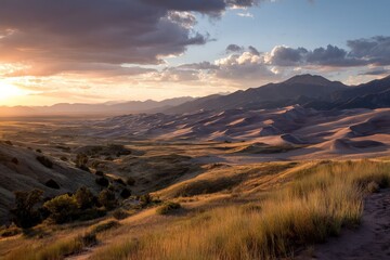 Aufkleber - Dramatic sunset over rolling sand dunes and mountains captures the serene beauty of a desert landscape at dusk