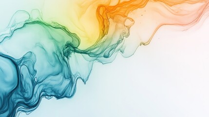 Poster - Abstract fluid art with teal, green, and orange hues flowing gracefully across a white background
