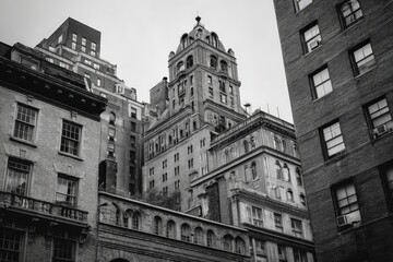 Aufkleber - Historic architecture highlights city skyline in black and white, capturing urban beauty and timeless elegance at dusk