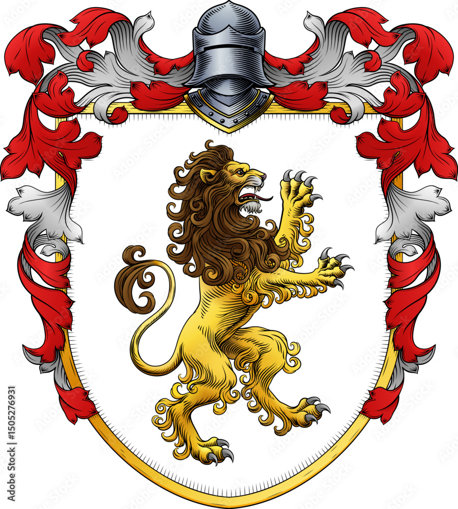 A lion coat of arms or crest family heraldry medieval heraldic knight shield  with helmet and acanthus filigree scroll ornament in a vintage woodcut  style. Stock Vector | Adobe Stock, image size:900x1000