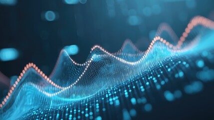Poster - Abstract digital waveform, glowing blue and orange particles forming a flowing, three-dimensional wave pattern on a dark background