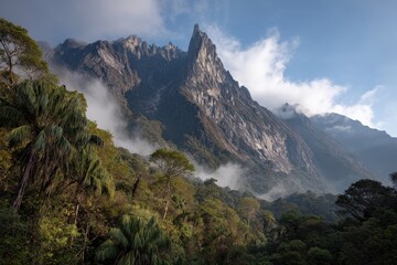 Aufkleber - Mountain landscape with towering peak and lush forest under cloudy sky in early morning light