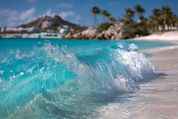 Aufkleber - Waves roll gently onto a sandy beach under a clear sky with distant hills in the background
