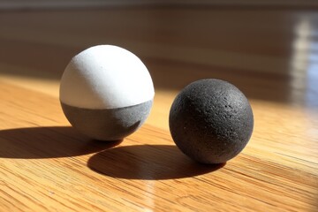 Aufkleber - Two spherical objects with contrasting colors on a wooden surface reflect sunlight in a bright indoor setting