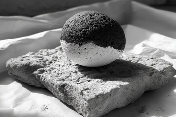 Fototapete - Creative art piece featuring a textured ball resting on a stone surface with contrasting colors in a minimalist setting
