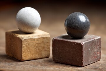 Aufkleber - Solid geometric shapes balanced on wooden blocks in a natural setting during daylight