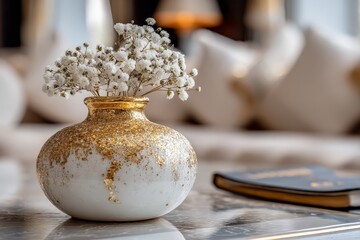 Aufkleber - Elegant floral arrangement in a decorative vase on a coffee table in a modern living room setting