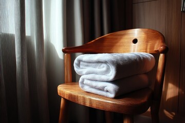 Aufkleber - Soft towels stacked neatly on a wooden chair beside a window in a cozy room with warm sunlight streaming in