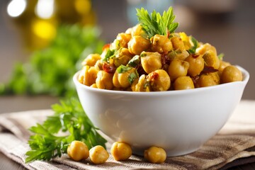 Poster - Healthy chickpea salad with fresh herbs and spices in a cozy kitchen setting during the afternoon