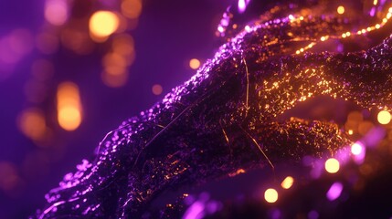 Poster - Abstract digital art of intertwined, glowing purple and gold strands, with bokeh background