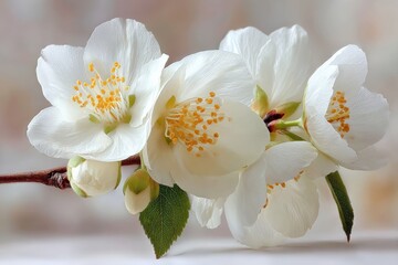 Aufkleber - Delicate white flowers bloom on a branch, showcasing nature's beauty in a serene environment