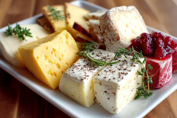 Poster - Artisan cheese platter with various cheeses, herbs, and chutney displayed on a wooden table