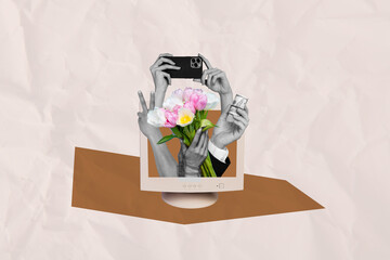 Poster - Trend pop collage of computer screen with flower bouquet banknote phone on pastel background