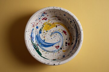 Poster - Colorful swirled bowl on a yellow background showcasing an artistic pottery design unique to handcrafted ceramics