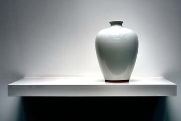 Poster - Elegant white ceramic vase displayed on a minimalist shelf against a soft gray wall in a modern interior