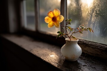 Poster - Sunlight illuminates a yellow flower in a vase on a windowsill with droplets of water