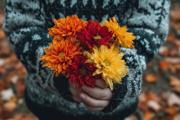 Poster - Bright autumn flowers held by a person wearing a cozy sweater amidst fallen leaves