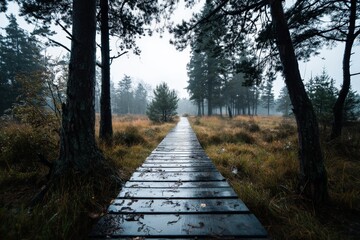 Poster - Misty morning walk along a wooden path through a tranquil forest clearing in autumn