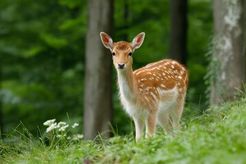 Aufkleber - Beautiful fawn exploring a lush green forest during a sunny day in early spring