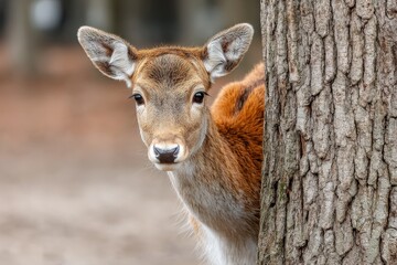 Poster - Curious young deer peeking from behind a tree in a tranquil forest during daylight hours