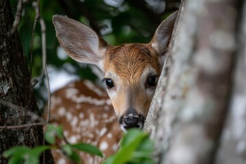 Poster - Young fawn peeking through trees in a lush forest during early morning light