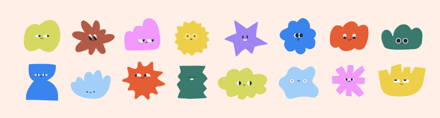Poster - Cute abstract shape characters set. Funny doodle blobs with faces with different emotions, facial expressions, happy smiling emojis in modern geometric style. Isolated kids flat vector illustrations
