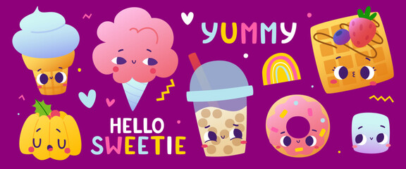 Wall Mural - cute sweet food with faces set. cartoon kids dessert food collection.
