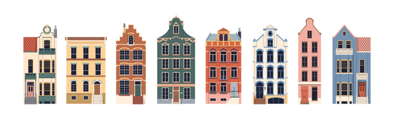 Poster - English houses set. British UK buildings with old historic facades, exteriors, windows, porches. Traditional urban architecture collection. Flat vector illustration isolated on white background