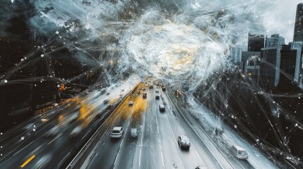 Poster - Urban highway network overlaid with abstract digital connections