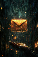 Aufkleber - Glowing envelope hangs in rain, shimmering with golden sparkles, while hand reaches out below, capturing magical essence of moment. scene evokes sense of wonder and anticipation