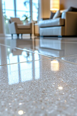 Poster - Showcasing polished floor reflecting light, with cozy living room in background. ambiance is warm and inviting, perfect for relaxation