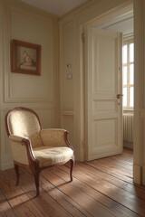 Poster - Cozy interior featuring vintage armchair in softly lit room with wooden flooring and door leading to another space. warm tones create welcoming atmosphere