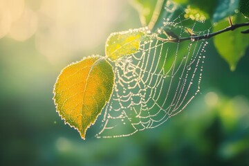 Wall Mural - close-up of dew-kissed leaf transitioning from summer green to autumn orange with delicate spider we