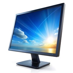 Fototapete - Computer monitor displaying a vibrant sky with clouds and sun isolated on white background, showcasing technology and modern design