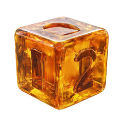 Poster - Golden caramel number 2 trapped in a luminous translucent cube with an on transparent background