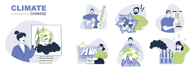 Poster - Climate change concept set for web design. Collection with people suffering from hot temperature, toxic pollution, melting glaciers and more. Flat vector illustration isolated on white background.