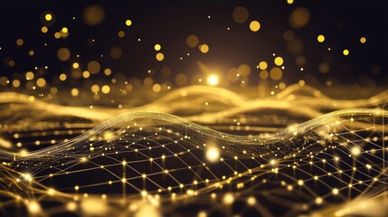Poster - Golden abstract wave background with glowing particles and bokeh effect