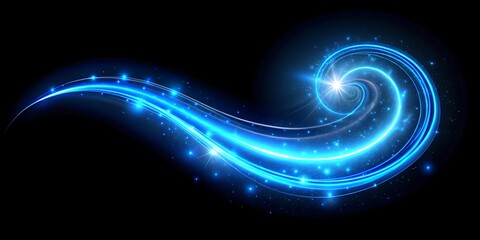 Poster - Abstract blue light trail with sparkling particles on a dark background creating a futuristic and dynamic design with a magical and energetic feel